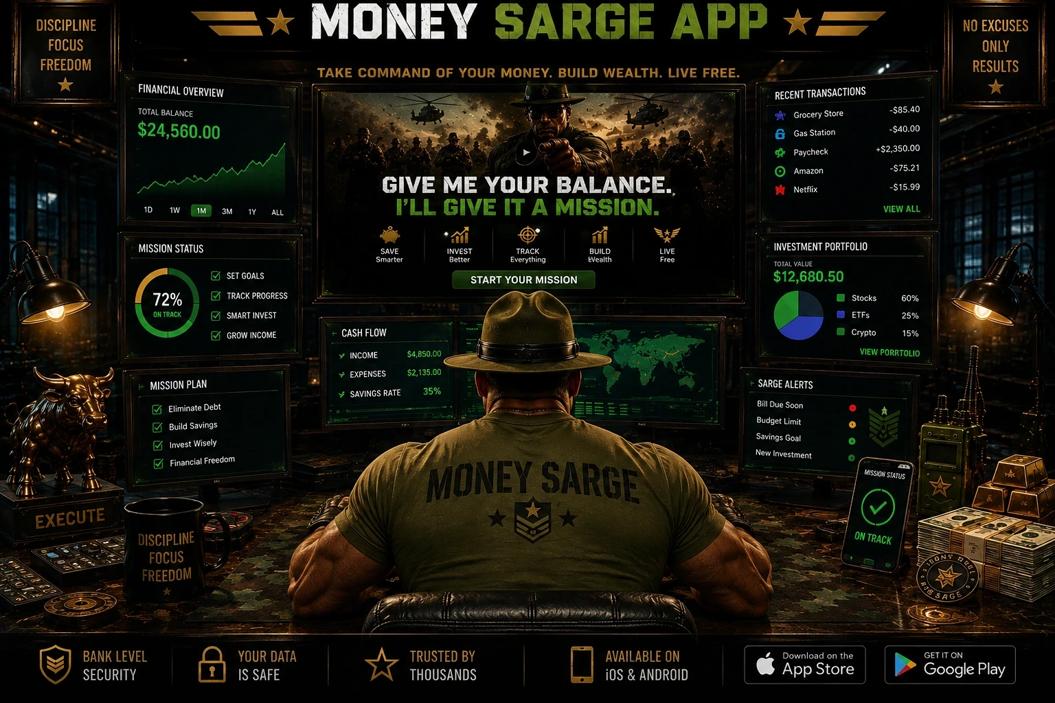 Money Sarge App command center — your drill sergeant at the controls of your wealth operation